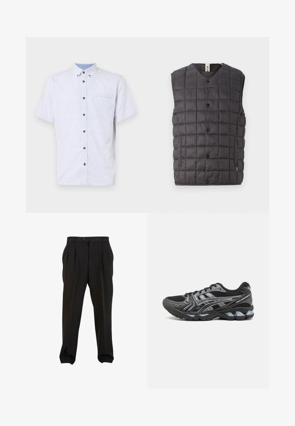 Only & Sons ONSGAVIN ciemnoszary; Koszula na krótki rękaw w kolorze białym z granatowym wzorem geometrycznym, kontrastowym kołnierzykiem oraz jedną kieszenią na piersi z czarnymi guzikami.; Biała bawełniana koszulka z okrągłym dekoltem i miękką teksturą. Posiada wszytą metkę wewnątrz kołnierza z napisem „LEVEL UP” oraz informacjami o rozmiarze.; Czarne spodnie z gładkiego materiału, z kieszeniami z przodu, zapinane na guzik w pasie i zwężanymi mankietami przy kostkach. Klasyczny sylwetka w stylu szytym na miarę.; Czarne buty sportowe z siateczkową cholewką, srebrnymi akcentami i amortyzowaną podeszwą. Posiadają sznurowany design oraz teksturowany bieżnik dla lepszej przyczepności.