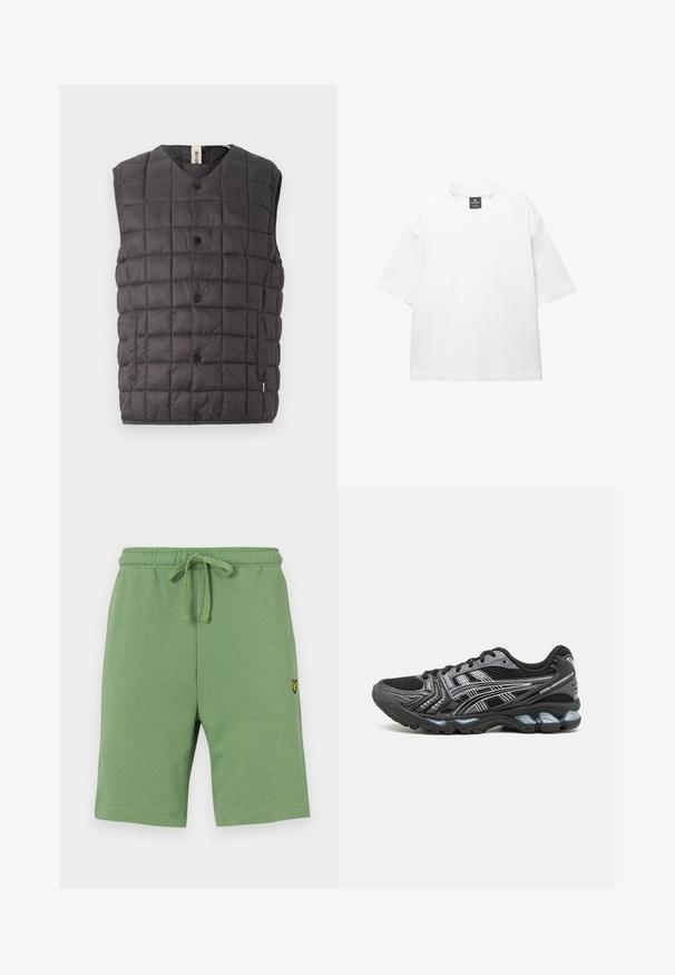Only & Sons ONSGAVIN LIFE LIGHT QUILTED SNAP VEST - Väst - phantom; Vit kortärmad t-shirt i bomull, med rund halsringning och avslappnad passform med rak nederkant. Inga mönster eller dekorationer.; Gröna bomullsshorts med elastiskt midjeband och justerbar dragsko. Har en liten gul broderad logga på vänster sida.; Svart träningsskor med mesh-överkant, silverdetaljer och en dämpad sula. Har snörningsdesign och texturerat sula för grepp.