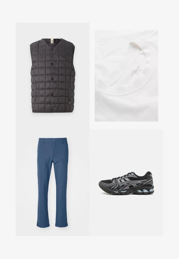Only & Sons ONSGAVIN LIFE LIGHT QUILTED SNAP VEST - Smanicato - phantom; T-shirt bianca in cotone con scollo rotondo e una texture morbida. Presenta un'etichetta stampata all'interno del colletto con la dicitura "LEVEL UP" e informazioni sulla taglia.; Pantaloni blu a gamba dritta realizzati in tessuto liscio con chiusura a bottone e zip. Presentano tasche laterali e un design pulito e sartoriale.; Scarpa sportiva nera con tomaia in mesh, dettagli argento e suola ammortizzata. Presenta un design con lacci e una suola testurizzata per una buona aderenza.