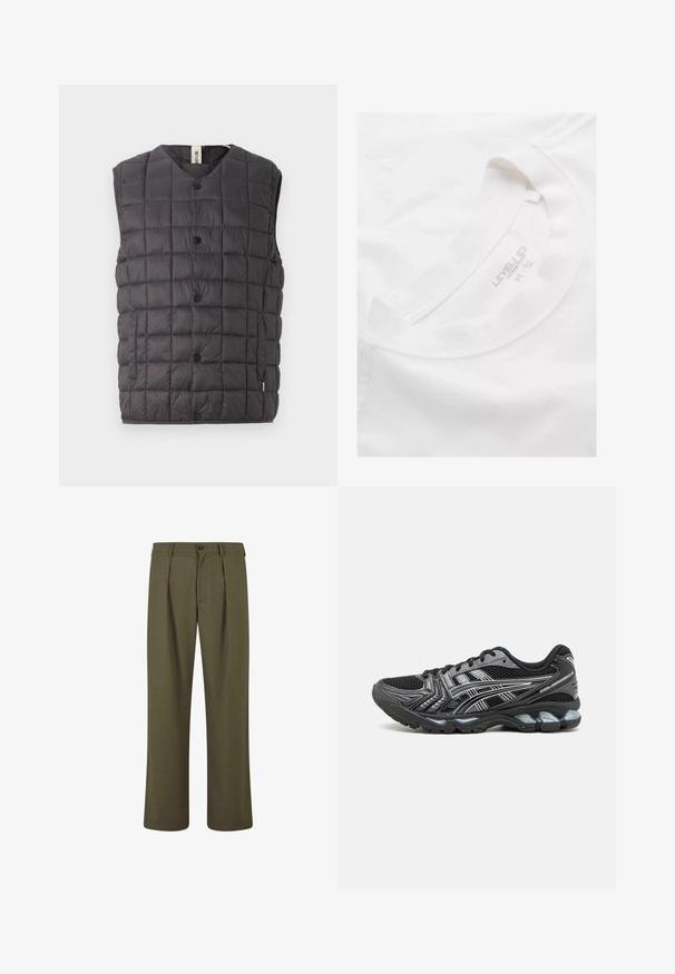 Only & Sons ONSGAVIN LIFE LIGHT QUILTED SNAP VEST - Bodywarmer - phantom; Witte katoenen t-shirt met een ronde halslijn en zachte textuur. Beschikt over een geprinte label in de kraag met "LEVEL UP" en maatinformatie.; Olijfgroene broek met een getailleerde pasvorm, voorzien van plooien aan de voorkant, een knoopsluiting en rechte pijpen. Glad stoffe textuur.; Zwarte sportschoen met een bovenwerk van mesh, zilveren accenten en een gevoerde zool. Beschikt over een vetersluiting en een gestructureerde loopzool voor grip.