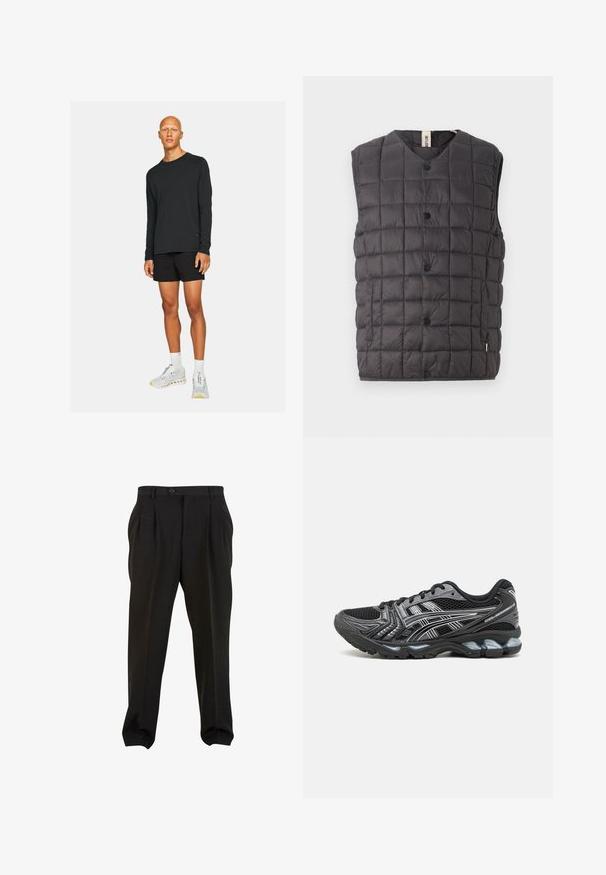 Only & Sons ONSGAVIN LIFE LIGHT QUILTED SNAP VEST - Smanicato - phantom; Maglietta nera a maniche lunghe abbinata a pantaloni corti neri. Il modello indossa scarpe sportive bianche e grigie con dettagli, in piedi su uno sfondo semplice.; Pantaloni neri in tessuto morbido, con pieghe frontali, vita con bottone e polsini a gamba affusolata. Silhouette classica e sartoriale.; Scarpa sportiva nera con tomaia in mesh, dettagli argento e suola ammortizzata. Presenta un design con lacci e una suola testurizzata per una buona aderenza.