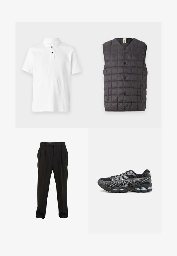 Only & Sons ONSGAVIN ciemnoszary; Biała koszulka polo z teksturowanej tkaniny, krótkimi rękawami, złożonym kołnierzykiem oraz trzema czarnymi guzikami przy dekolcie.; Czarne spodnie z gładkiego materiału, z kieszeniami z przodu, zapinane na guzik w pasie i zwężanymi mankietami przy kostkach. Klasyczny sylwetka w stylu szytym na miarę.; Czarne buty sportowe z siateczkową cholewką, srebrnymi akcentami i amortyzowaną podeszwą. Posiadają sznurowany design oraz teksturowany bieżnik dla lepszej przyczepności.