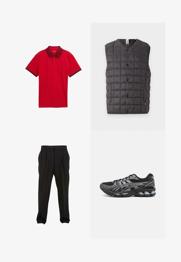 Only & Sons ONSGAVIN LIFE LIGHT QUILTED SNAP VEST - Strukirani kaput - phantom; Crvena polo majica kratkih rukava s tamnim ovratnikom i rubovima rukava, s dvostrukim dugmetom i malim logotipom na prsima.; Crne hlače od glatke tkanine, s prednjim nabora, pojasom sa gumbom i sužavajucim donjim dijelovima. Klasična krojena silueta.; Crne atletske tenisice s mrežastim gornjim dijelom, srebrnim akcentima i podstavljenim potplatom. Imaju vezanje i teksturirane potplate za bolje prianjanje.