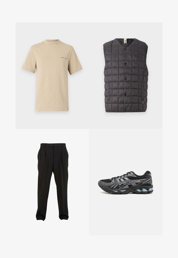 Only & Sons ONSGAVIN LIFE LIGHT QUILTED SNAP VEST - Veste - phantom; Beige kokvilnas t-kreklis ar noapaļotu kakla izgriezumu un īsām piedurknēm. Uz krūtīm ir smalks melns "SAMSOE" teksta logotips.; Melnas bikses ar gludu audumu, ar priekšējiem krokām, pogājam jostu un sašaurinātiem ikru galiem. Klasiska pielāgota siluets.; Melnas sporta kurpes ar sietiņu augšdaļu, sudraba akcentiem un mīkstu zoli. Iezīmējas ar lentu aizdari un teksturētu zoli labākai saķerei.