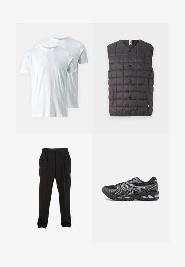 Only & Sons ONSGAVIN LIFE LIGHT QUILTED SNAP VEST - Waistcoat - phantom; White cotton t-shirts with short sleeves, crew neck design, smooth texture, and no visible patterns. Sold in pairs.; Black trousers with a smooth fabric, featuring front pleats, a button waistband, and tapered ankle cuffs. Classic tailored silhouette.; Black athletic shoe with mesh upper, silver accents, and a cushioned sole. Features a lace-up design and textured tread for grip.