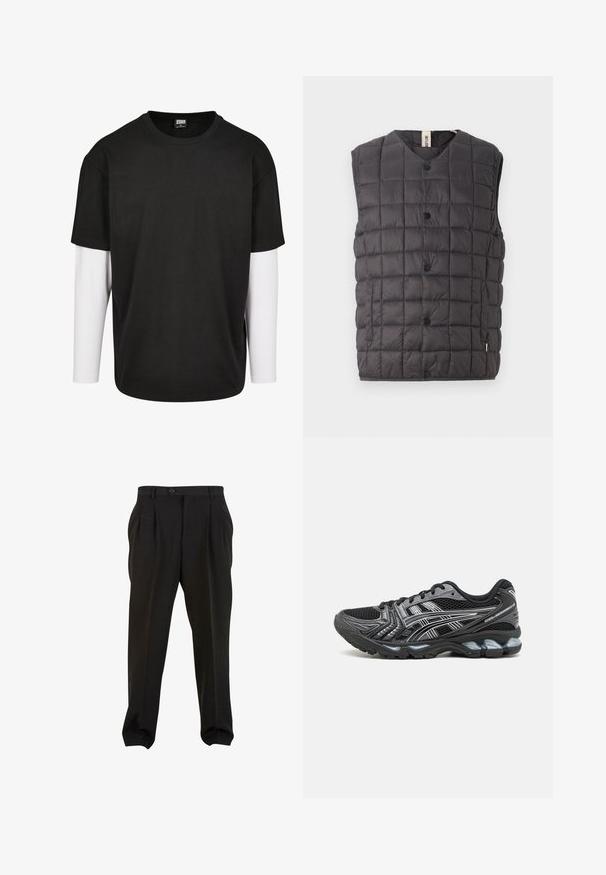 Only & Sons ONSGAVIN LIFE LIGHT QUILTED SNAP VEST - Waistcoat - phantom; Black short-sleeve t-shirt with a white long-sleeve layer underneath. Made of cotton with a crew neckline and relaxed fit.; Black trousers with a smooth fabric, featuring front pleats, a button waistband, and tapered ankle cuffs. Classic tailored silhouette.; Black athletic shoe with mesh upper, silver accents, and a cushioned sole. Features a lace-up design and textured tread for grip.