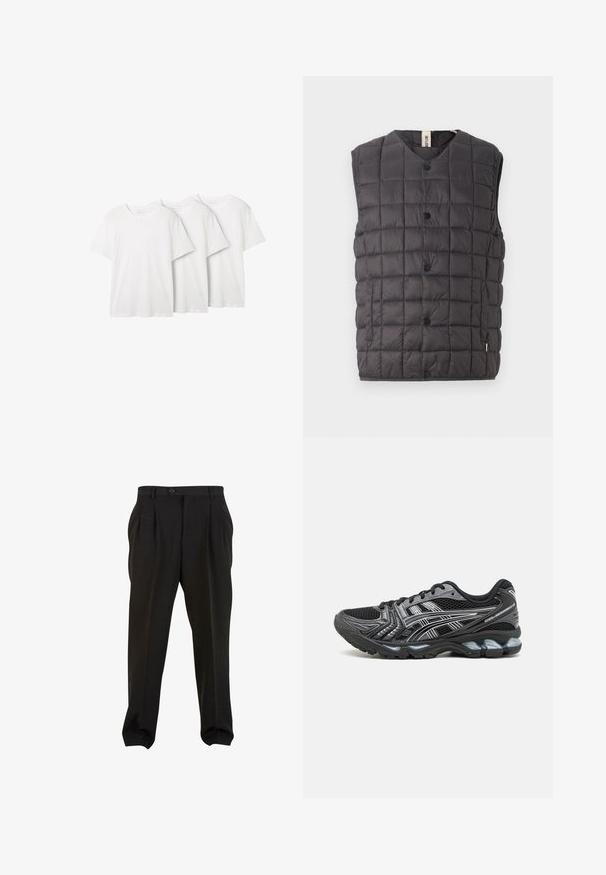 Only & Sons ONSGAVIN LIFE LIGHT QUILTED SNAP VEST - Smanicato - phantom; Tre t-shirt bianche a maniche corte con scollo rotondo, realizzate in cotone. Vestibilità comoda. Ognuna ha un'etichetta sul colletto. Senza fantasie o decorazioni.; Pantaloni neri in tessuto morbido, con pieghe frontali, vita con bottone e polsini a gamba affusolata. Silhouette classica e sartoriale.; Scarpa sportiva nera con tomaia in mesh, dettagli argento e suola ammortizzata. Presenta un design con lacci e una suola testurizzata per una buona aderenza.