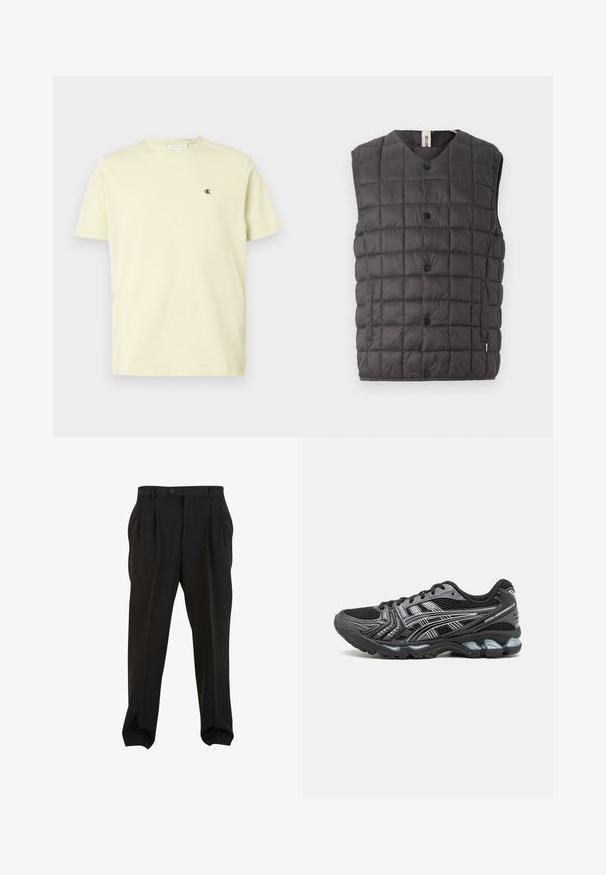 Only & Sons ONSGAVIN LIFE LIGHT QUILTED SNAP VEST - Vest - phantom; Hele beež lühikeste varrukatega ümmarguse kaelusega T-särk, mille vasakul rinnal on väike must "cK" logo, esitatud lihtsa tausta ees.; Mustad püksid siledast kangast, esikreppidega, nööbivöökoht ja kitsenevad pahkluud. Klassikaline peenelt lõigatud siluett.; Mustad mustespordijalanõud võrkkattega, hõbedaste aktsentidega ja pehmendustega tallaga. Omab paelaga kinnitust ja tekstureeritud tallaharjumist haardmiseks.