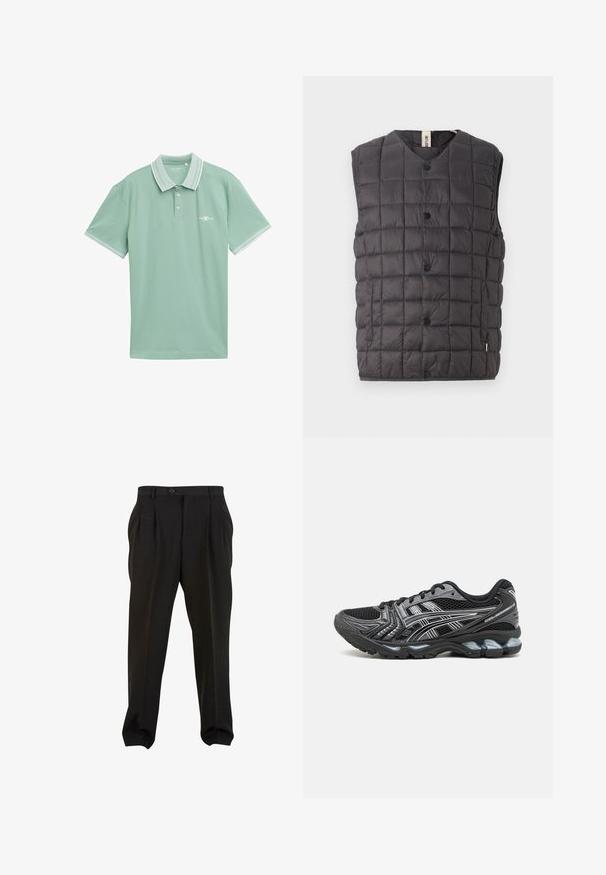 Only & Sons ONSGAVIN LIFE LIGHT QUILTED SNAP VEST - Liivi - phantom; Vaaleanvihreä polo-paita pehmeästä kankaasta, jossa on klassinen kaulus, kontrastivalkoinen reunus ja pieni logo rinnassa.; Mustat housut sileällä kankaalla, etupuolelta laskostetut, napilla varustettu vyötärö ja kapenevat nilkkaleikat. Klassinen hyvin istuva siluetti.; Musta urheilukenkä, jossa on verkkovuori, hopeisia yksityiskohtia ja pehmustettu pohja. Varustettu nauhakiinnityksellä ja rakenteellisella pohjalla pidon takaamiseksi.