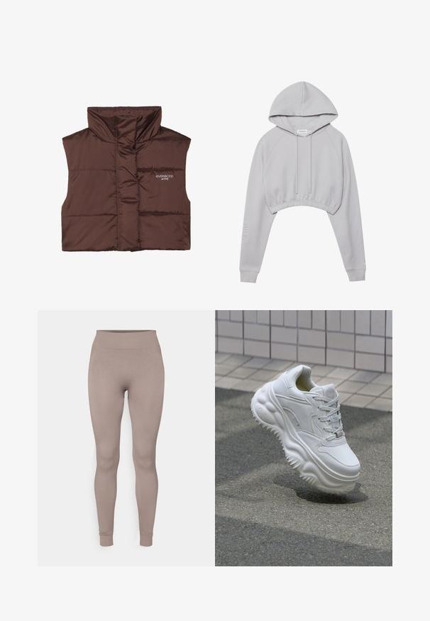 Veste sans manches en peluche marron avec col haut, dotée d'une fermeture éclair à l'avant et d'un logo cousu sur le côté gauche. Texture lisse et brillante.; Haut à capuche gris court avec cordon de serrage, manches raglan et ourlet élastique. Présente le texte "ACTIVE" sur la manche gauche. Texture de tissu douce.; Leggings côtelés dans une douce couleur taupe, avec une taille haute, une coupe slim et des chevilles fuselées. Fabriqués en tissu texturé et extensible.; Baskets blanches en cuir avec une semelle épaisse, des détails texturés et un système de laçage. Présente des accents moulés et une finition lisse.