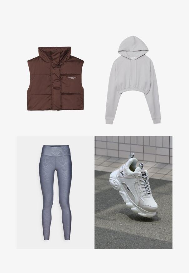 Hnědá péřová bezrukávová vesta s vysokým límcem, s předním zipem a přišitým logem na levé straně. Hladký, lesklý povrch.; Šedá zkrácená mikina s kapucí na stahovací šňůrku, raglánovými rukávy a elastickým lemem. Na levém rukávu se nachází text "ACTIVE". Měkká textura látky.; ONLY Play ONPJAM-2-SNAKE LIFE - Punčochy - grey; Bílé tenisky vyrobené z textilního a koženého materiálu, s kulatou špičkou, silnou podrážkou, výraznými šňůrkami a logem na patě a jazyku.