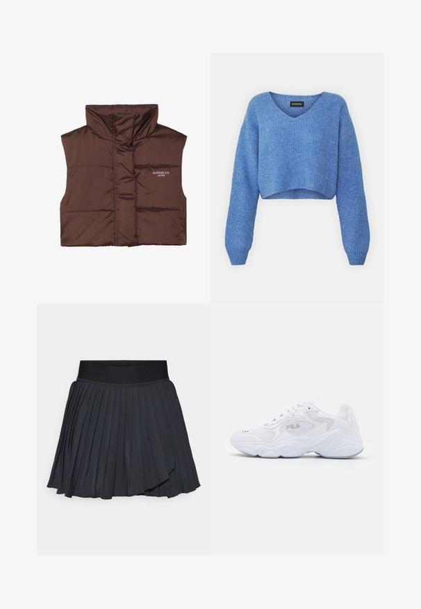 Chaleco sin mangas acolchado marrón con cuello alto, con cierre de cremallera en la parte frontal y detalle de logo cosido en el lado izquierdo. Textura suave y brillante.; Suéter corto azul con escote en V, textura acanalada y mangas largas. Fabricado con material suave. Etiqueta: even&odd.; Falda negra plisada con una amplia cinturilla elástica, fabricada con una tela suave y con un ligero brillo, de longitud hasta la rodilla y con diseño en capas.; Zapatilla deportiva blanca con parte superior de malla texturizada, cuello acolchado y suela gruesa. Presenta un logo en el lateral y cierre con cordones.