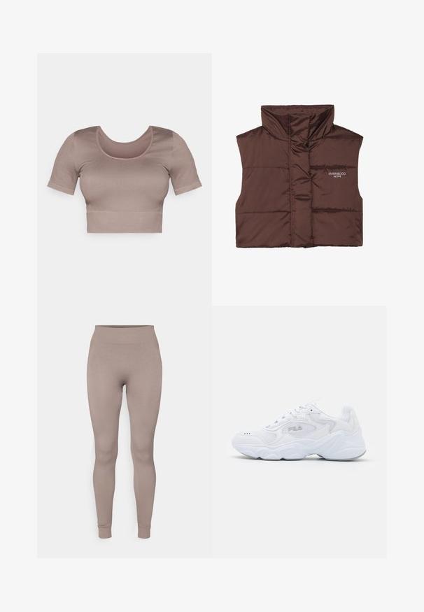 Barna párnázott ujjatlan mellény magas gallérral, elöl cipzárral, a bal oldalon varrt logó részlettel. Simább, fényes textúra.; Kék, v-kivágású, rovidített pulóver, bordázott textúrával és hosszú ujjakkal. Puha anyagból készült. Címke: even&odd.; Lila puffadtop rövid ujjakkal, mély kivágással és texturált bordás anyaggal. Egyszerű dizájn, minta vagy díszítés nélkül.; Ráncos leggings puha taupe színben, magas derékkal, karcsú szabással és beszűkült bokákkal. Texturált, rugalmas anyagból készült.; Fehér sportcipő strukturált hálós felső résszel, párnázott bokarésszel és masszív talppal. Oldalán logóval és fűzős záródással rendelkezik.
