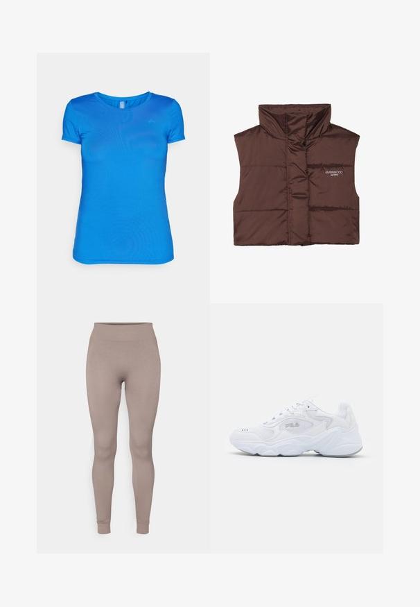 Rjava podložena brezrokavnica z visokim ovratnikom, ki ima zadrgo spredaj in vdelan logotip na levi strani. Gladka, sijoča tekstura.; Modra skrajšana jopica z V-izrezom, rebrasto teksturo in dolgimi rokavi. Narejena iz mehkega materiala. Oznaka: even&odd.; Modra kratka majica s kratkimi rokavi, izdelana iz lahkega materiala, z okroglo ovratnico in gladko teksturo. Diskretna logotip na zgornji levi strani.; Rebraste nogavice v mehki taupe barvi, z visokim pasom, ožjim krojem in zoženimi gležnji. Narejene so iz teksturirane, raztegljive tkanine.; Bela športna obuvala z teksturirano mrežasto zgornjico, oblazinjeno obrobo in debelim podplatom. Ima logotip ob strani in vezalni sistem.