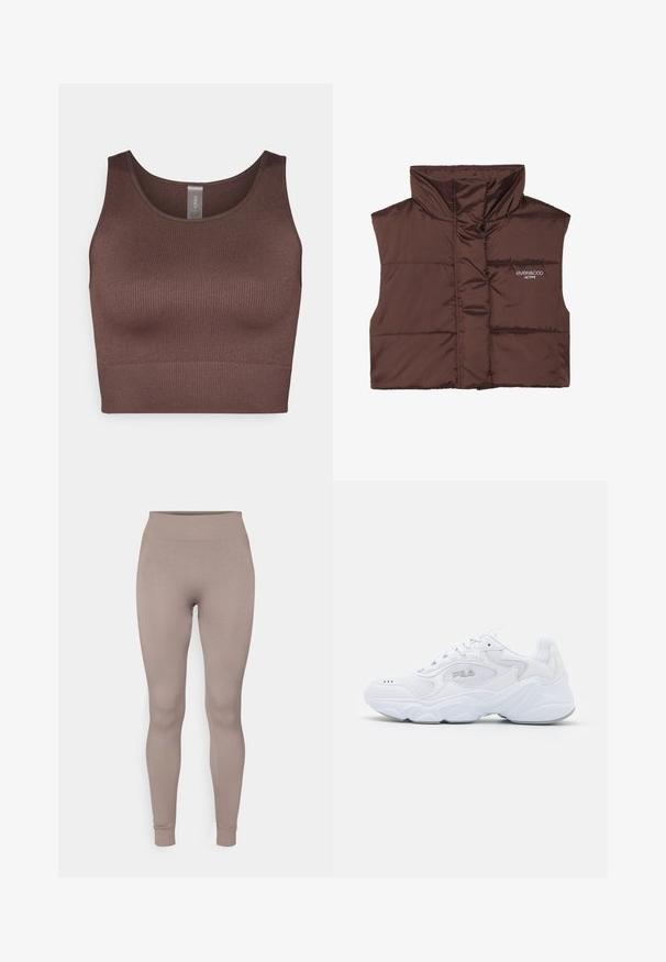 Rjava podložena brezrokavnica z visokim ovratnikom, ki ima zadrgo spredaj in vdelan logotip na levi strani. Gladka, sijoča tekstura.; Modra skrajšana jopica z V-izrezom, rebrasto teksturo in dolgimi rokavi. Narejena iz mehkega materiala. Oznaka: even&odd.; Rjav rebrast crop top z okroglim izrezom in širokimi naramnicami. Narejen je iz raztegljive tkanine, z brezšivno zasnovo in gladko teksturo.; Rebraste nogavice v mehki taupe barvi, z visokim pasom, ožjim krojem in zoženimi gležnji. Narejene so iz teksturirane, raztegljive tkanine.; Bela športna obuvala z teksturirano mrežasto zgornjico, oblazinjeno obrobo in debelim podplatom. Ima logotip ob strani in vezalni sistem.