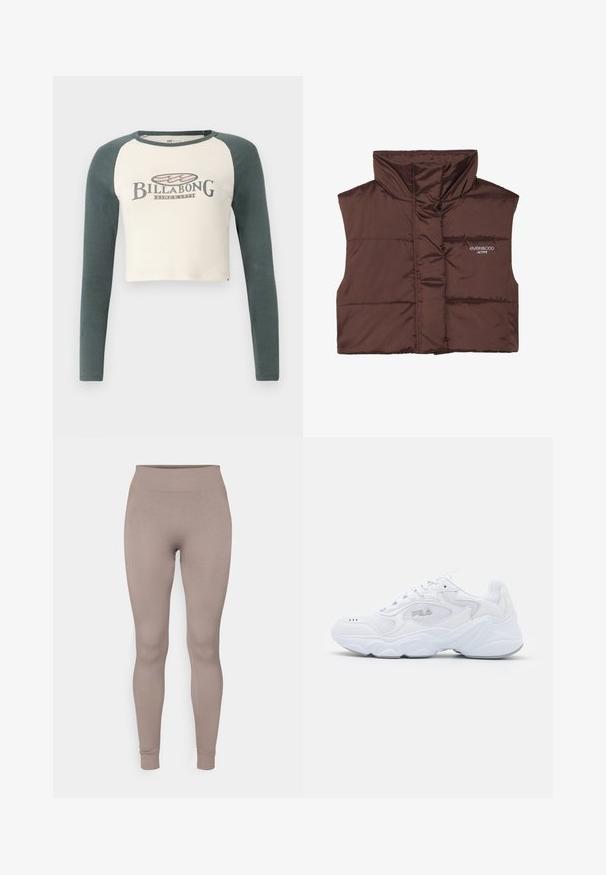 Brown padded sleeveless vest with high collar, featuring a zip front and sewn-in logo detail on the left side. Smooth, glossy texture.; Blue cropped sweater with a V-neck, ribbed texture, and long sleeves. Made of soft material. Label: even&odd.; Cropped long-sleeve shirt with cream body and dark green raglan sleeves. Features a classic Billabong logo printed on the front.; Ribbed leggings in a soft taupe color, featuring a high waistband, slim fit, and tapered ankles. Made from a textured, stretchable fabric.; White athletic shoe with a textured mesh upper, padded collar, and chunky sole. Features a logo on the side and lace-up closure.