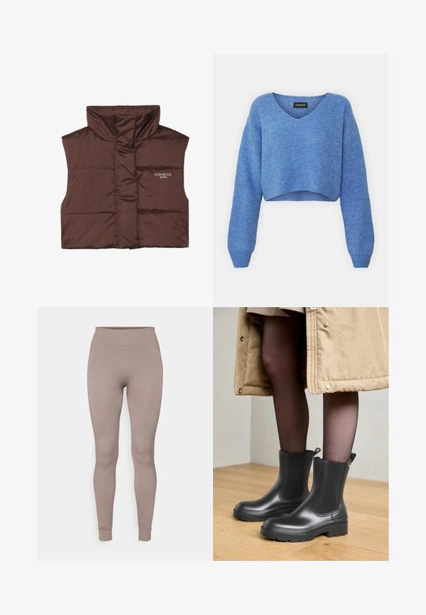 Veste sans manches en peluche marron avec col haut, dotée d'une fermeture éclair à l'avant et d'un logo cousu sur le côté gauche. Texture lisse et brillante.; Pull cropped bleu avec un décolleté en V, texture côtelée et manches longues. Fabriqué dans un matériau doux. Étiquette : even&odd.; Leggings côtelés dans une douce couleur taupe, avec une taille haute, une coupe slim et des chevilles fuselées. Fabriqués en tissu texturé et extensible.; Bottes de cheville en caoutchouc noir avec une finition lisse, des panneaux latéraux élastiques et des semelles robustes. Portées avec des collants sombres et un manteau beige.