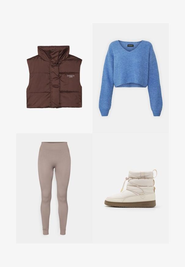 Brown padded sleeveless vest with high collar, featuring a zip front and sewn-in logo detail on the left side. Smooth, glossy texture.; Blue cropped sweater with a V-neck, ribbed texture, and long sleeves. Made of soft material. Label: even&odd.; Ribbed leggings in a soft taupe color, featuring a high waistband, slim fit, and tapered ankles. Made from a textured, stretchable fabric.; Beige ankle boot with quilted fabric, elastic lacing, and a rubber sole. Features a padded collar and subtle logo on the side.