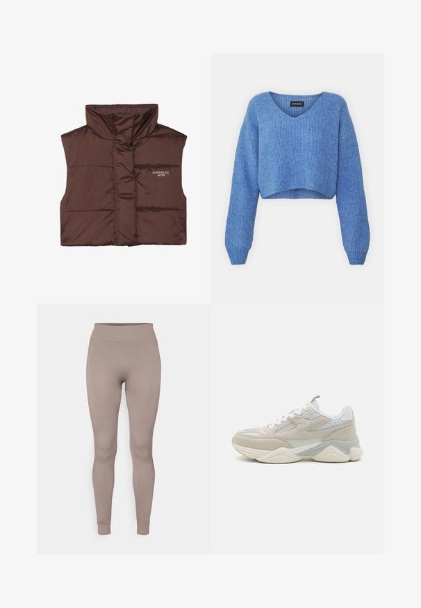 Rjava podložena brezrokavnica z visokim ovratnikom, ki ima zadrgo spredaj in vdelan logotip na levi strani. Gladka, sijoča tekstura.; Modra skrajšana jopica z V-izrezom, rebrasto teksturo in dolgimi rokavi. Narejena iz mehkega materiala. Oznaka: even&odd.; Rebraste nogavice v mehki taupe barvi, z visokim pasom, ožjim krojem in zoženimi gležnji. Narejene so iz teksturirane, raztegljive tkanine.; Bež in bele superge iz semiša in mrežastega materiala, z debelim podplatom, vezalnim dizajnom in logotipom na strani.