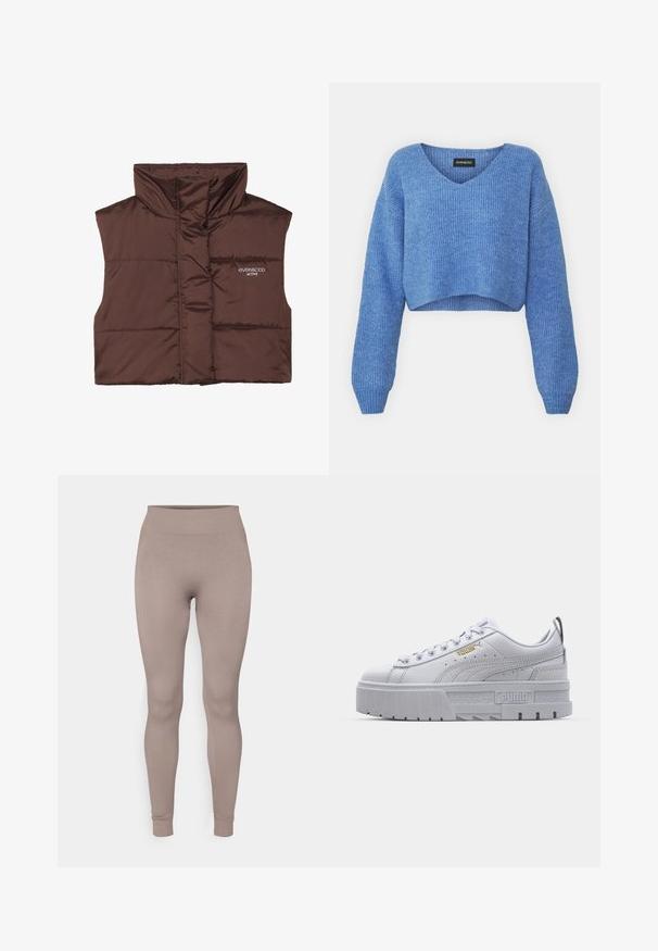 Vesta bej cu umplutură, fără mâneci și cu guler înalt, având un fermoar frontal și detalii logo cusute pe partea stângă. Textură netedă și lucioasă.; Pulover scurt albastru cu decolteu în V, textură terminală și mâneci lungi. Fabricat dintr-un material moale. Etichetă: even&odd.; Colanți cu textură în nuanță moale de taupe, cu un talie înaltă, tăiere slim și glezne tapered. Fabrică dintr-un material texturat și elastic.; Tenisi albi cu platformă, cu o parte superioară din piele netedă, guler căptușit, talpă din cauciuc gri și accente aurii, având logo-ul Puma.
