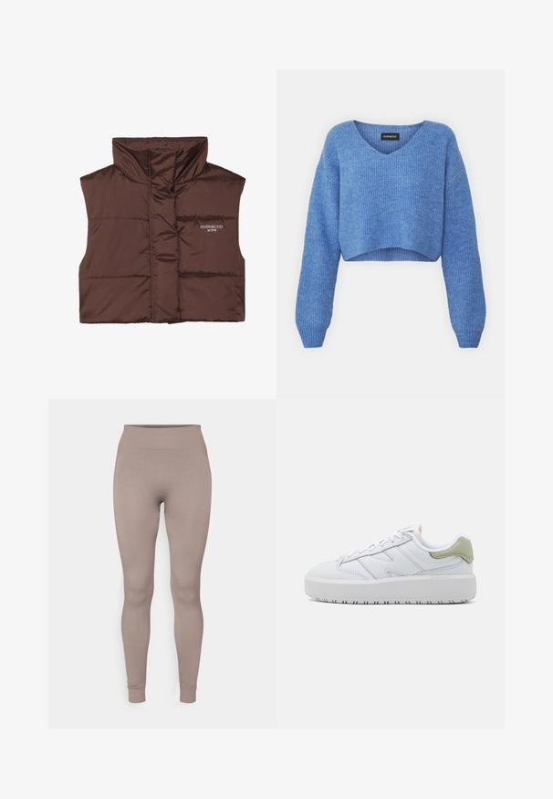Hnedý prešívaný bezrukávový vest s vysokým golierom, s jedným zipsom vpredu a zošitým logom na ľavej strane. Hladká, lesklá textúra.; Modrý skrátený sveter s výstrihom do V, rebrovanou textúrou a dlhými rukávmi. Vyrobený z mäkkého materiálu. Značka: even&odd.; Ribkované legíny v jemnej taupe farbe, s vysokým pásom, úzkym strihom a zúženými členkami. Vyrobené z textúrovaného, elastického materiálu.; Biele tenisky s hladkým koženým zvrškom, polstrovaným golierom a hrubou gumovou podrážkou. Obsahujú jemný zelený akcent na päte a minimalistický dizajn.