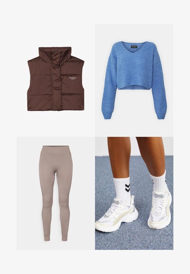 Brun polstret ærmeløs vest med høj krave, der har lynlås fortil og indsyet logo-detail på venstre side. Glat, blank overflade.; Blå cropped sweater med V-hals, ribbet tekstur og lange ermer. Lavet af blødt materiale. Mærke: even&odd.; Ribbet leggings i en blød taupe farve, med høj talje, smal pasform og tætsiddende ankler. Fremstillet af et tekstureret, strækbart stof.; Hvide sneakers med sølvdetaljer, mesh-materiale og chunky design. Parret med hvide sokker med sorte chevronmønstre.
