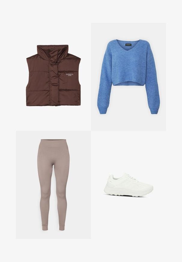 Brun vadderad ärmlös väst med hög krage, med dragkedja framtill och inbrottat logotypdetalj på vänster sida. Slät, glänsande yta.; Blå croppad tröja med V-ringning, ribbad textur och långa ärmar. Gjord av mjukt material. Märke: even&odd.; Ribbade leggings i en mjuk taupe-färg, med hög midja, smal passform och avsmalnande anklar. Tillverkade av ett texturerat, stretchigt tyg.; Vitaid sportskor med en texturerad ovandel och meshpaneler, snörningsdesign, dämpad sula och diskret logotyp på hälen.