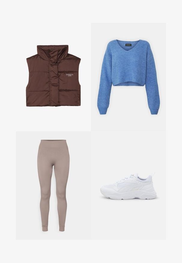 Veste sans manches en peluche marron avec col haut, dotée d'une fermeture éclair à l'avant et d'un logo cousu sur le côté gauche. Texture lisse et brillante.; Pull cropped bleu avec un décolleté en V, texture côtelée et manches longues. Fabriqué dans un matériau doux. Étiquette : even&odd.; Leggings côtelés dans une douce couleur taupe, avec une taille haute, une coupe slim et des chevilles fuselées. Fabriqués en tissu texturé et extensible.; Baskets de sport blanches avec une tige en mesh, des superpositions texturées, un col rembourré, une épaisse semelle en caoutchouc et une languette au talon pour un enfilage facile.