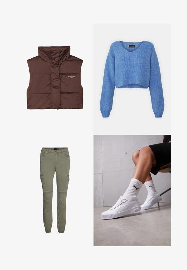 Veste sans manches en peluche marron avec col haut, dotée d'une fermeture éclair à l'avant et d'un logo cousu sur le côté gauche. Texture lisse et brillante.; Pull cropped bleu avec un décolleté en V, texture côtelée et manches longues. Fabriqué dans un matériau doux. Étiquette : even&odd.; Pantalons cargo vert olive en mélange de coton durable avec des poignets fuselés, plusieurs poches et des plis au niveau des genoux pour plus de mobilité.; Baskets blanches avec un dessus synthétique lisse, une semelle structurée et des accents texturés. Portées avec des chaussettes blanches côtelées arborant un petit logo.