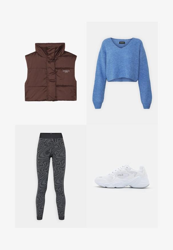 Gilet imbottito marrone senza maniche con colletto alto, dotato di chiusura con zip e dettaglio del logo cucito sul lato sinistro. Texture liscia e lucida.; Maglione corto blu con scollatura a V, texture a coste e maniche lunghe. Realizzato in materiale morbido. Etichetta: even&odd.; Leggings realizzati in un tessuto elastico di colore grigio scuro con un motivo nero testurizzato a vortice; design aderente con una ampia cintura in vita e polsini orlati.; Scarpa sportiva bianca con tomaia in mesh testurizzato, colletto imbottito e suola spessa. Presenta un logo sul lato e chiusura con lacci.