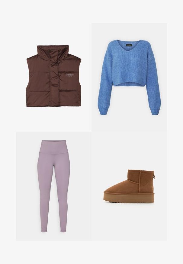 Brown padded sleeveless vest with high collar, featuring a zip front and sewn-in logo detail on the left side. Smooth, glossy texture.; Blue cropped sweater with a V-neck, ribbed texture, and long sleeves. Made of soft material. Label: even&odd.; High-waisted, lavender leggings made of stretchy fabric with a smooth texture and no visible patterns or hardware.; Brown suede ankle boots with a rounded toe, textured surface, and a thick platform sole. Features a back pull tab and stitched detailing.