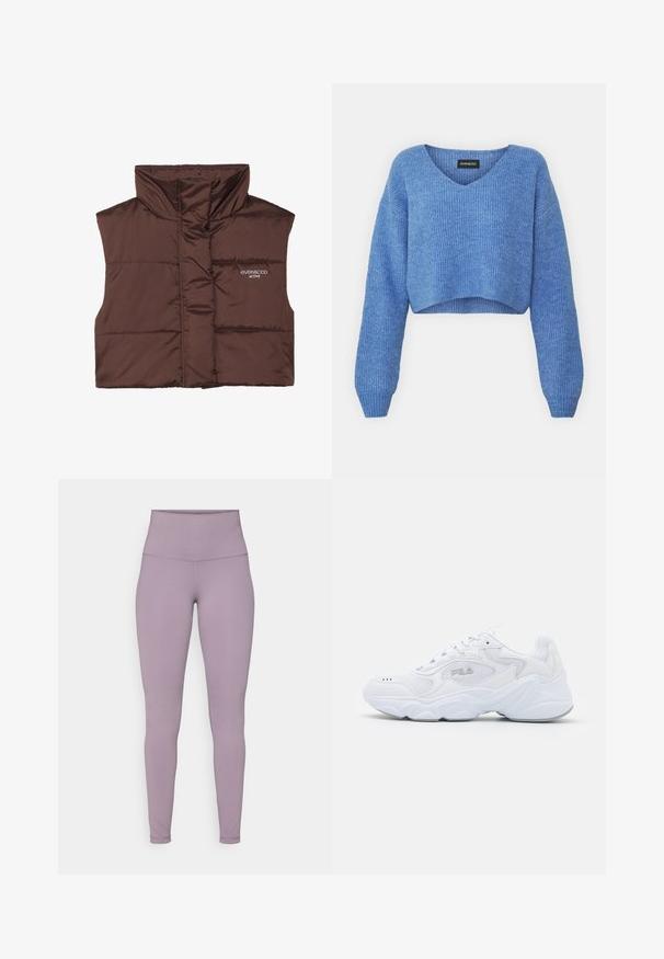 Brązowa, pikowana kamizelka bez rękawów z wysokim kołnierzem, z zamkiem z przodu i naszytą logotypem po lewej stronie. Gładka, błyszcząca faktura.; Niebieski, krótki sweter z dekoltem w szpic, prążkowanym wzorem i długimi rękawami. Wykonany z miękkiego materiału. Metka: even&odd.; Legginsy w kolorze lawendowym, z wysokim stanem, wykonane z elastycznego materiału o gładkiej teksturze, bez widocznych wzorów i elementów metalowych.; Białe buty sportowe z teksturowaną siateczkową cholewką, wyściełanym kołnierzem i masywną podeszwą. Posiadają logo po boku oraz sznurowanie.