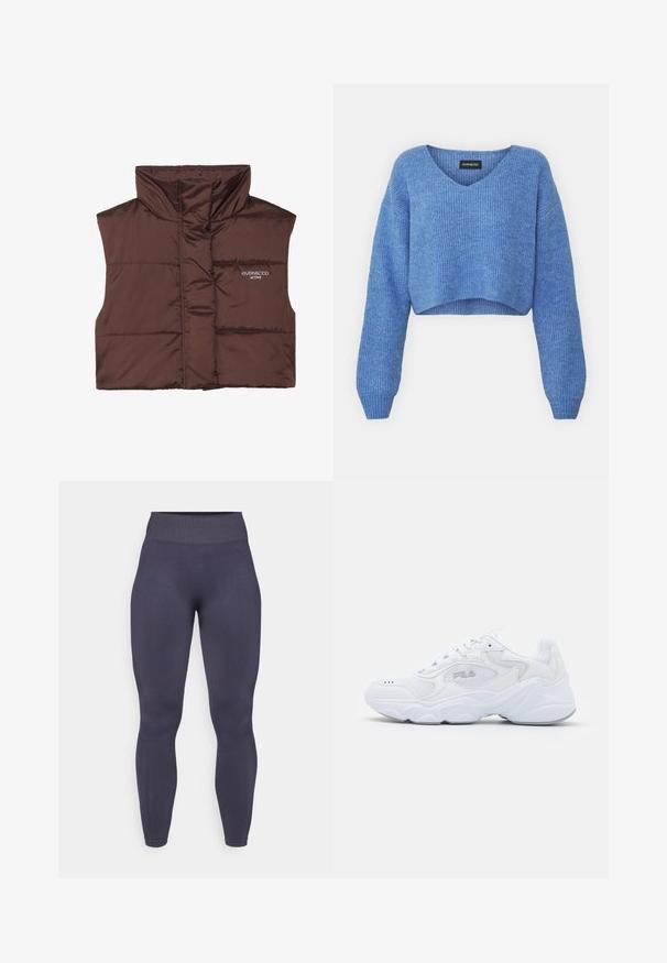 Colete acolchoado castanho sem mangas com colarinho alto, apresentando fecho de correr frontal e detalhe de logótipos cosido no lado esquerdo. Textura lisa e brilhante.; Sweater azul cropped com decote em V, textura canelada e mangas longas. Feito de material suave. Etiqueta: even&odd.; Leggings de cintura alta, ajustados, em cinza escuro, com uma cintura texturizada e canelada e um tecido suave. Apresenta um design sem costuras e sem hardware visível.; Sapatilha atlética branca com um cabedal de malha texturizada, colarinho acolchoado e sola volumosa. Apresenta um logotipo na lateral e fecho de atacadores.