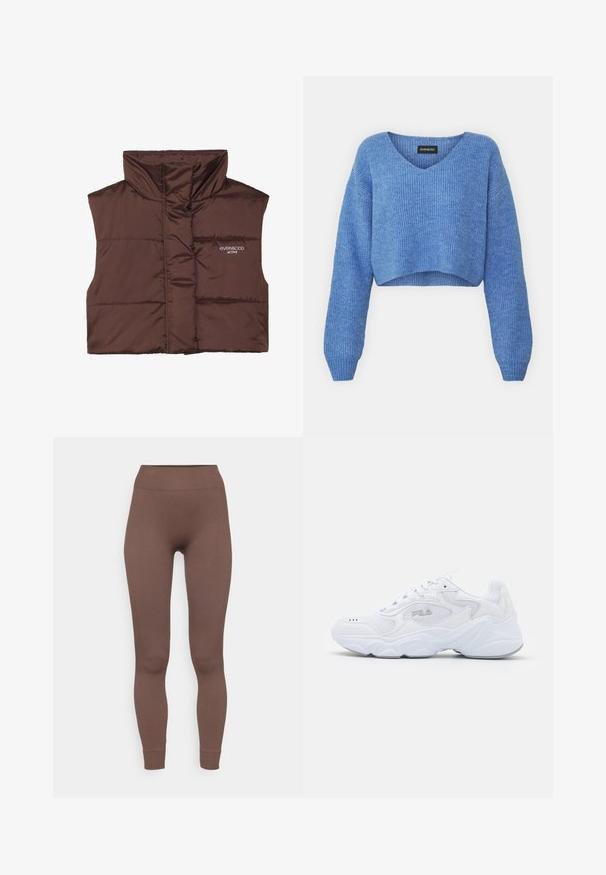 Rjava podložena brezrokavnica z visokim ovratnikom, ki ima zadrgo spredaj in vdelan logotip na levi strani. Gladka, sijoča tekstura.; Modra skrajšana jopica z V-izrezom, rebrasto teksturo in dolgimi rokavi. Narejena iz mehkega materiala. Oznaka: even&odd.; ONLY Play ONPJAIA LIFE SEAM - Pajkice - chocolate martini; Bela športna obuvala z teksturirano mrežasto zgornjico, oblazinjeno obrobo in debelim podplatom. Ima logotip ob strani in vezalni sistem.