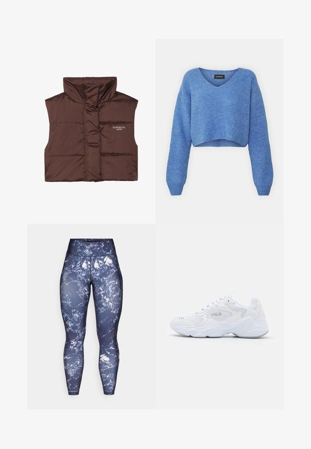 Pruun polsterdatud ilma varrukateta vest kõrge kaelusega, millel on külje peal luku ees ja õmmeldud logo detail. Sile, läikiv tekstuur.; Sinine lühike sviiter V-kaelusega, soonikstruktuuriga ja pikkade varrukatega. Valmistatud pehmest materjalist. Silt: even&odd.; Tumed aktiivsed retuusid marmorikujundusega valge ja helesinise värviga, kõrge talje disain, valmistatud venivast ja niiskust eraldavast kangast.; Valge spordijalats tekstuuriga pealmise osaga, pehmendatud kraega ja paksu tallaga. Küljele on pandud logo ja see on kinnitatud paeltega.
