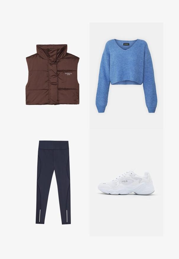 Hnědá péřová bezrukávová vesta s vysokým límcem, s předním zipem a přišitým logem na levé straně. Hladký, lesklý povrch.; Modrý zkrácený svetr s V-výstřihem, žebrovanou texturou a dlouhými rukávy. Vyrobeno z měkkého materiálu. Štítek: even&odd.; Námořnické modré legíny vyrobené z elastického materiálu, s vysokým pasem a zakřivenými bočními švy, s reflexními akcenty na kotníkových lemech.; Bílé sportovní boty s texturovaným síťovaným svrškem, polstrovaným límcem a robustní podrážkou. Zahrnují logo na boku a šněrování.
