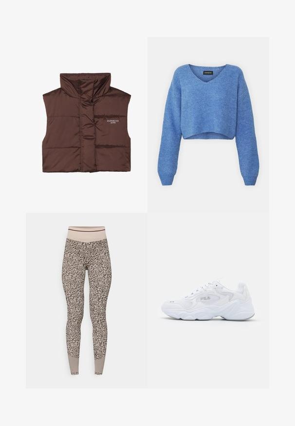 Smešani smešano smešani prsluk smešano bez rukava sa visokim ovratnikom, sa prednjim zatvaračem i ušivenim logom s lijeve strane. Glatka, sjajna tekstura.; Plavi skraćeni pulover s V-izrezom, rebrastom teksturom i dugim rukavima. Napravljen od mekog materijala. Oznaka: even&odd.; Leggingse u bež i smeškastom životinjskom uzorku, s visokim elastičnim pojasom i teksturiranim uzorkovanim detaljima u blizini gležnjeva.; Bijela atletska cipela s teksturiranim mrežastim gornjim dijelom, podstavljenim ovratnikom i debelim potplatom. Ima logotip sa strane i vezanje na vezice.