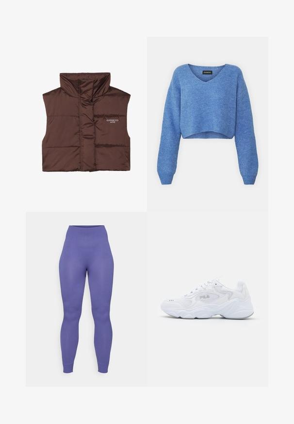 Barna párnázott ujjatlan mellény magas gallérral, elöl cipzárral, a bal oldalon varrt logó részlettel. Simább, fényes textúra.; Kék, v-kivágású, rovidített pulóver, bordázott textúrával és hosszú ujjakkal. Puha anyagból készült. Címke: even&odd.; Lila bordázott leggings magas derékkal, testhez simuló fazonnal és texturált anyaggal. Simább felület jellemzi őket, és az alján szűkített bokarészekkel rendelkeznek.; Fehér sportcipő strukturált hálós felső résszel, párnázott bokarésszel és masszív talppal. Oldalán logóval és fűzős záródással rendelkezik.