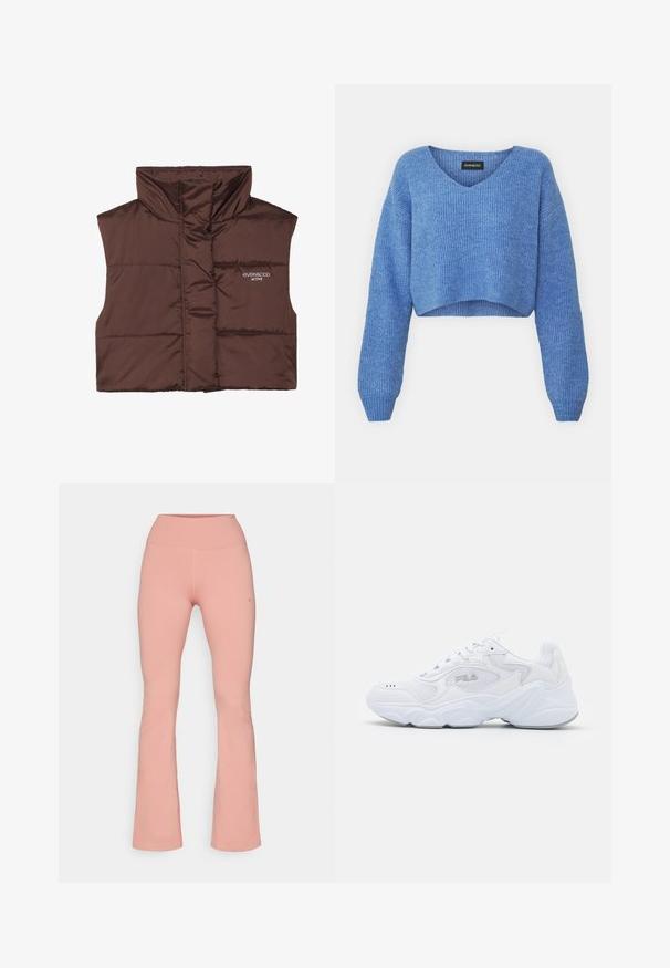 Smešani smešano smešani prsluk smešano bez rukava sa visokim ovratnikom, sa prednjim zatvaračem i ušivenim logom s lijeve strane. Glatka, sjajna tekstura.; Plavi skraćeni pulover s V-izrezom, rebrastom teksturom i dugim rukavima. Napravljen od mekog materijala. Oznaka: even&odd.; Široke aerobne hlače od mekog ružičastog materijala, s visokim strukom i glatkom teksturom, s minimalnim šavovima i detaljem s logotipom sa strane.; Bijela atletska cipela s teksturiranim mrežastim gornjim dijelom, podstavljenim ovratnikom i debelim potplatom. Ima logotip sa strane i vezanje na vezice.