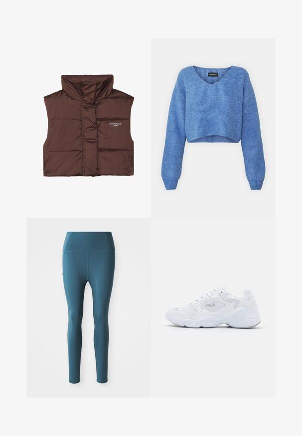 Barna párnázott ujjatlan mellény magas gallérral, elöl cipzárral, a bal oldalon varrt logó részlettel. Simább, fényes textúra.; Kék, v-kivágású, rovidített pulóver, bordázott textúrával és hosszú ujjakkal. Puha anyagból készült. Címke: even&odd.; Teal színű, rugalmas leggings, sima textúrával, magas derékkal, oldalsó zsebekkel és láthatatlan varrásokkal, sportoláshoz tervezve.; Fehér sportcipő strukturált hálós felső résszel, párnázott bokarésszel és masszív talppal. Oldalán logóval és fűzős záródással rendelkezik.