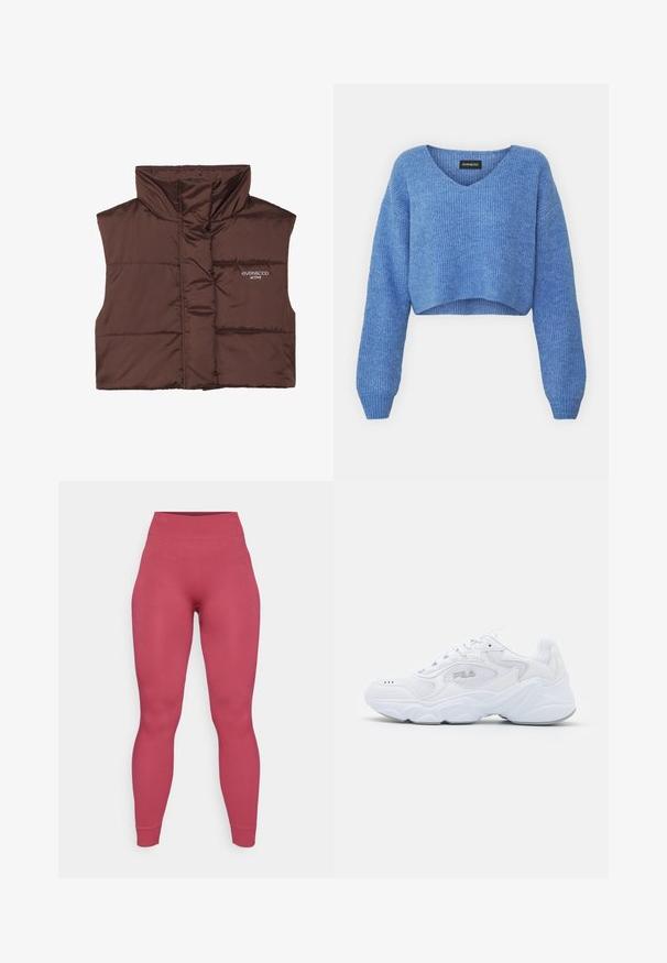 Hnědá péřová bezrukávová vesta s vysokým límcem, s předním zipem a přišitým logem na levé straně. Hladký, lesklý povrch.; Modrý zkrácený svetr s V-výstřihem, žebrovanou texturou a dlouhými rukávy. Vyrobeno z měkkého materiálu. Štítek: even&odd.; Ribbed legíny v jednobarevné růžové barvě s vysokým pasem. Materiál se jeví jako elastický a přiléhavý, navržený pro pohodlí a pohyblivost.; Bílé sportovní boty s texturovaným síťovaným svrškem, polstrovaným límcem a robustní podrážkou. Zahrnují logo na boku a šněrování.