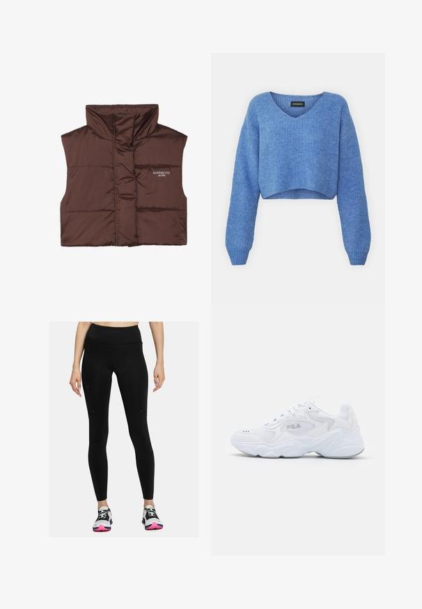 Braune gepolsterte ärmellose Weste mit hohem Kragen, ausgestattet mit einem Reißverschluss vorne und eingesticktem Logo-Detail auf der linken Seite. Glatte, glänzende Textur.; Blauer, verkürzter Pullover mit V-Ausschnitt, gerippter Struktur und langen Ärmeln. Aus weichem Material gefertigt. Etikett: even&odd.; Schwarze Leggings mit hohem Bund, glatter Textur und minimalistischem Design. Verfügt über seitliche Taschen und Nähte.; Weißer Sportschuh mit einem strukturierten Mesh-Obermaterial, gepolstertem Schaft und klobiger Sohle. Verfügt über ein Logo an der Seite und eine Schnürung.