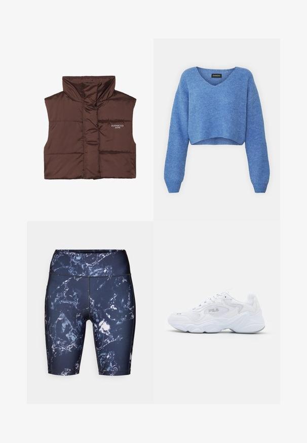 Rudas pūkuotas be rankovių liemenė su aukštu apykakle, turinti užtrauktuką priekyje ir siuvinėtą logotipo detalę kairėje pusėje. Lygus, blizgus paviršius.; Mėlynas trumpas megztinis su V-formos iškirpte, rimtu tekstūru ir ilgomis rankovėmis. Pagamintas iš minkštos medžiagos. Etiketė: even&odd.; Tamsiai mėlynos spalvos sportiniai šortai su marmuro raštu, baltais ir pilkais akcentais. Pagaminti iš elastingos medžiagos, turi aukštą liemenį.; Balta sportinė avalynė su tekstūruota tinkleliu viršuje, paminkštintu auliuku ir storu padu. Yra logotipas šone ir raištelių užsegimas.