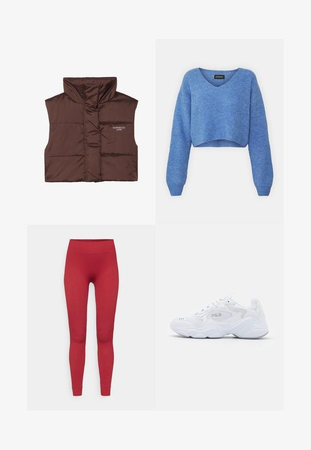 Smešani smešano smešani prsluk smešano bez rukava sa visokim ovratnikom, sa prednjim zatvaračem i ušivenim logom s lijeve strane. Glatka, sjajna tekstura.; Plavi skraćeni pulover s V-izrezom, rebrastom teksturom i dugim rukavima. Napravljen od mekog materijala. Oznaka: even&odd.; Crvene rebraste tajice s visokim strukom, koje imaju prilagođeni oblik i glatku teksturu, sežu do gležnjeva. Nema vidljivih ukrasa.; Bijela atletska cipela s teksturiranim mrežastim gornjim dijelom, podstavljenim ovratnikom i debelim potplatom. Ima logotip sa strane i vezanje na vezice.