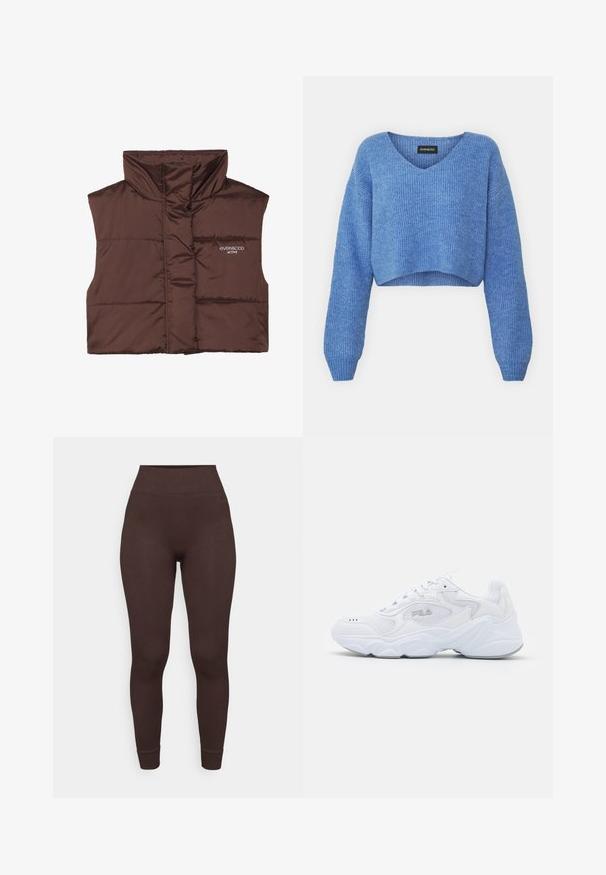 Chaleco sin mangas acolchado marrón con cuello alto, con cierre de cremallera en la parte frontal y detalle de logo cosido en el lado izquierdo. Textura suave y brillante.; Suéter corto azul con escote en V, textura acanalada y mangas largas. Fabricado con material suave. Etiqueta: even&odd.; Leggings marrones con canalé, de talle alto y diseño ajustado. La tela parece suave, con una textura lisa en el dobladillo y los puños de los tobillos.; Zapatilla deportiva blanca con parte superior de malla texturizada, cuello acolchado y suela gruesa. Presenta un logo en el lateral y cierre con cordones.