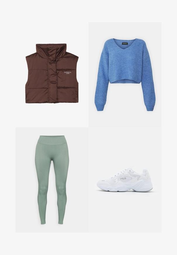 Bruine gewatteerde mouwloze vest met hoge kraag, voorzien van een rits aan de voorkant en een ingenaaide logo-detail aan de linkerkant. Gladde, glanzende textuur.; Blauwe cropped trui met V-hals, geribbelde structuur en lange mouwen. Gemaakt van zacht materiaal. Label: even&odd.; Strak zitkleding, stretchy leggings in een gematteerde groene kleur met een getextureerde hoge tailleband. Glad oppervlak zonder zichtbare patronen of accenten.; Witte sportschoen met een gemêleerde mesh bovenzijde, gewatteerde kraag en dikke zool. Voorzien van een logo op de zijkant en vetersluiting.