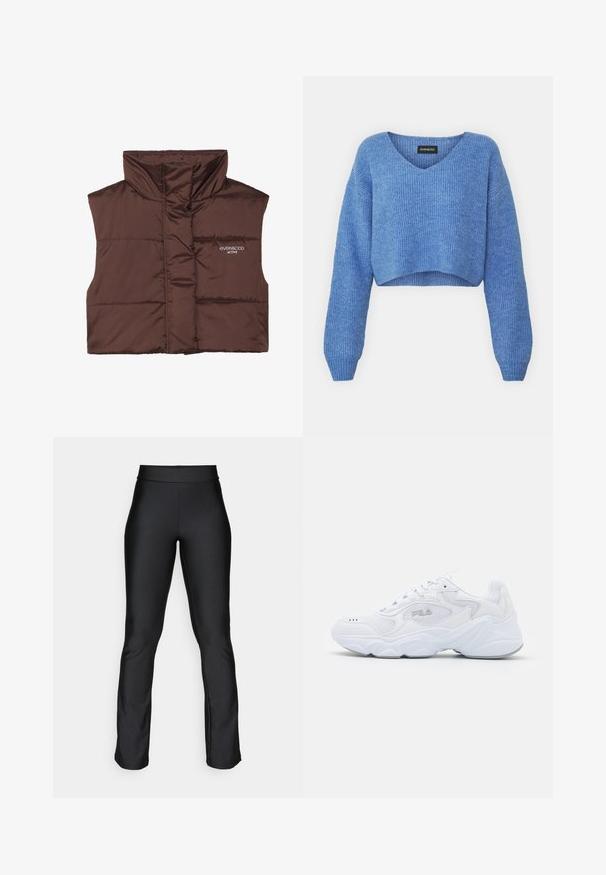 Colete acolchoado castanho sem mangas com colarinho alto, apresentando fecho de correr frontal e detalhe de logótipos cosido no lado esquerdo. Textura lisa e brilhante.; Sweater azul cropped com decote em V, textura canelada e mangas longas. Feito de material suave. Etiqueta: even&odd.; Leggings pretos elásticos com uma textura suave e design ajustado. Apresenta uma cintura larga e ligeiro alargamento nos tornozelos. Sem padrões visíveis.; Sapatilha atlética branca com um cabedal de malha texturizada, colarinho acolchoado e sola volumosa. Apresenta um logotipo na lateral e fecho de atacadores.