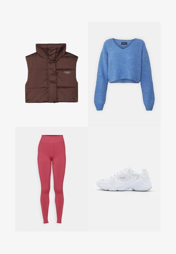 Barna párnázott ujjatlan mellény magas gallérral, elöl cipzárral, a bal oldalon varrt logó részlettel. Simább, fényes textúra.; Kék, v-kivágású, rovidített pulóver, bordázott textúrával és hosszú ujjakkal. Puha anyagból készült. Címke: even&odd.; Ráncolt, magas derekú leggings egy egyszerű rózsaszín színben. Sima textúrájú, testre simuló dizájnnal, a boka felé beszűkülve. Nincsenek látható minták vagy fémszerelvények.; Fehér sportcipő strukturált hálós felső résszel, párnázott bokarésszel és masszív talppal. Oldalán logóval és fűzős záródással rendelkezik.