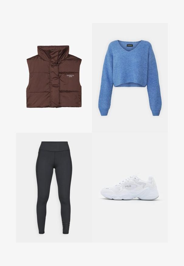 Brun polstret ærmeløs vest med høj krave, der har lynlås fortil og indsyet logo-detail på venstre side. Glat, blank overflade.; Blå cropped sweater med V-hals, ribbet tekstur og lange ermer. Lavet af blødt materiale. Mærke: even&odd.; Sorte leggings lavet af strækbart materiale, med høj talje, slankt design og stribede accenter nær anklen.; Hvide atletiske sko med en struktureret mesh-overdel, polstret krave og kraftig sål. Har et logo på siden og snørebåndslukning.