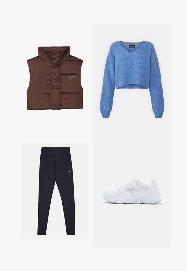 Braune gepolsterte ärmellose Weste mit hohem Kragen, ausgestattet mit einem Reißverschluss vorne und eingesticktem Logo-Detail auf der linken Seite. Glatte, glänzende Textur.; Blauer, verkürzter Pullover mit V-Ausschnitt, gerippter Struktur und langen Ärmeln. Aus weichem Material gefertigt. Etikett: even&odd.; Schwarze Leggings aus weichem, dehnbaren Stoff mit hohem Bund, versehen mit dezenten Nähten und einem kleinen Logo an der Seite.; Weißer Sportschuh mit einem strukturierten Mesh-Obermaterial, gepolstertem Schaft und klobiger Sohle. Verfügt über ein Logo an der Seite und eine Schnürung.
